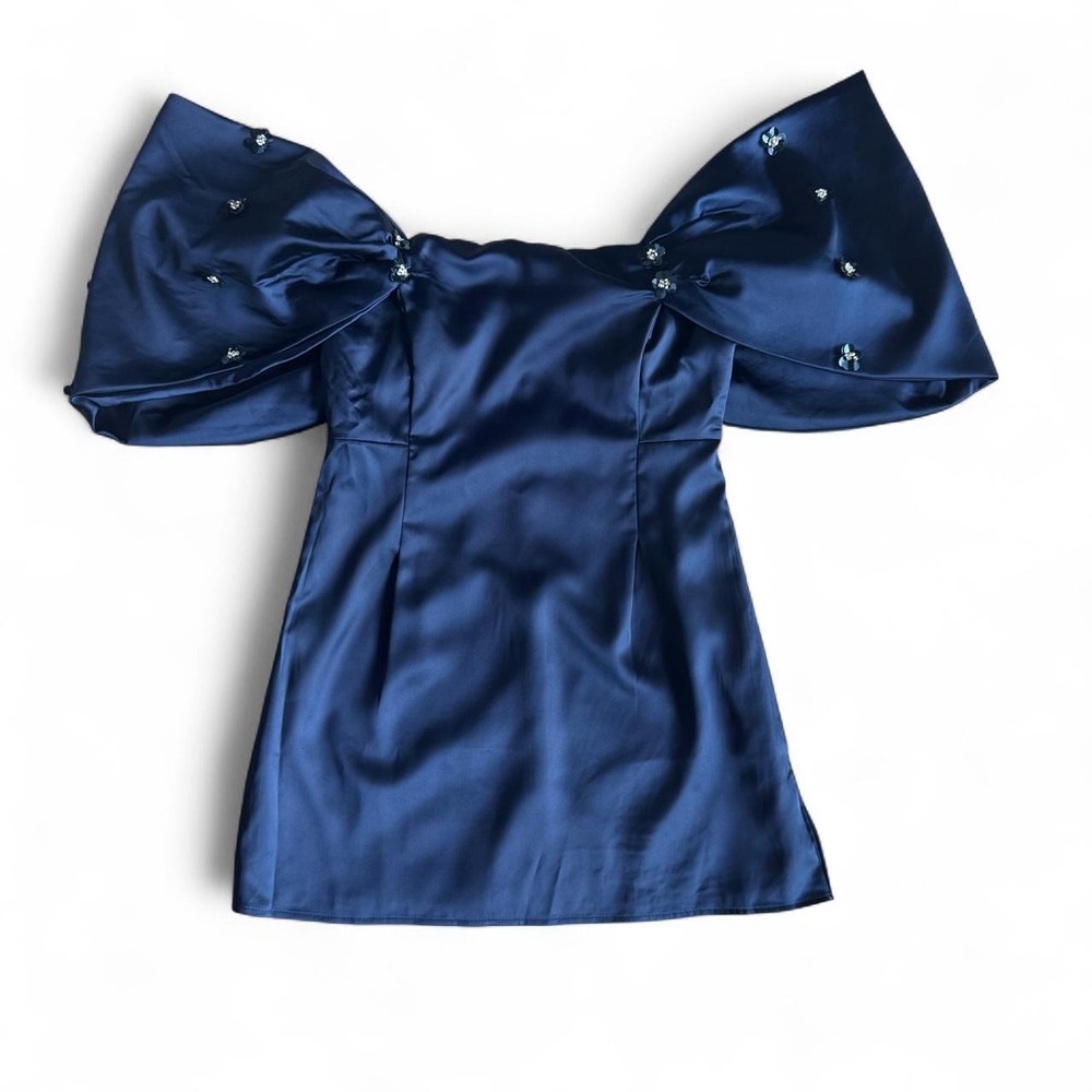 Homecoming Navy Satin Off The Shoulder Dress with Beaded Embellishments